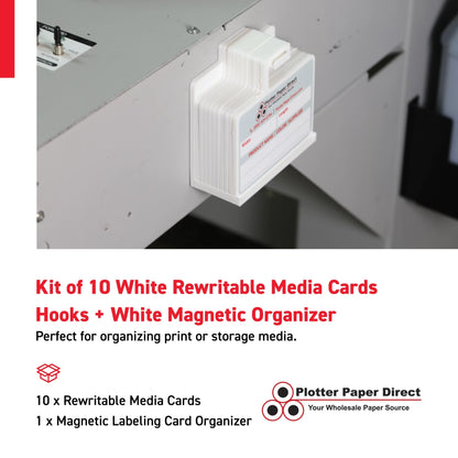 Kit of 10 White Rewritable MediaCards Hooks + White Magnetic Wall Organizer – Dry-Erase Labeling Kit for Vinyl Roll Storage in Print & Sign Shops