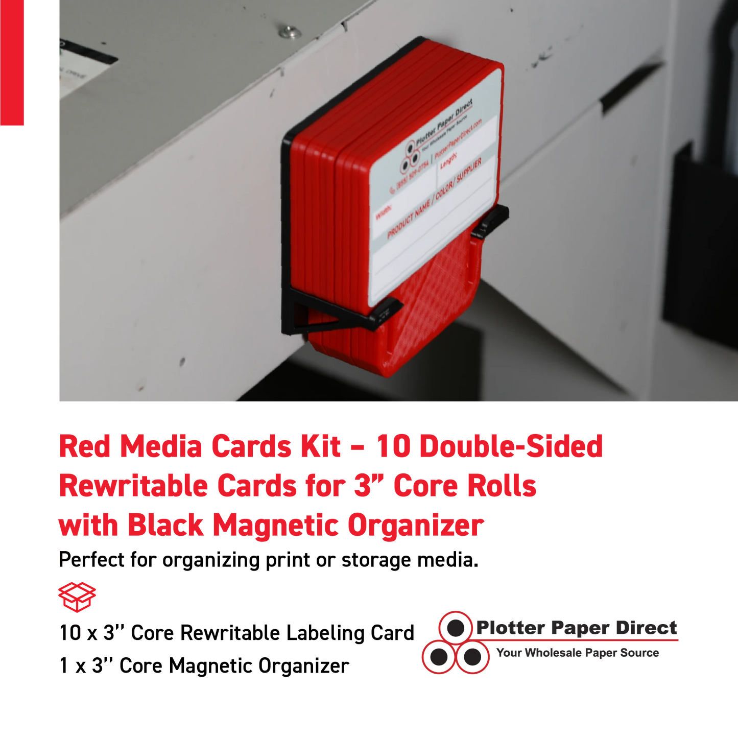 Red MediaCards Kit for Vinyl Roll Storage – 10 Writable Double-Sided Cards for 3" Core Rolls with Black Magnetic Organizer – Label & Track Media Easily