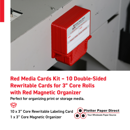 Red MediaCards Kit for Vinyl Roll Storage – 10 Writable Double-Sided Cards for 3" Core Rolls with Red Magnetic Organizer – Label & Track Media Easily