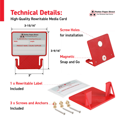 Red MediaCards Kit for Vinyl Roll Storage – 10 Writable Double-Sided Cards for 3" Core Rolls with Red Magnetic Organizer – Label & Track Media Easily