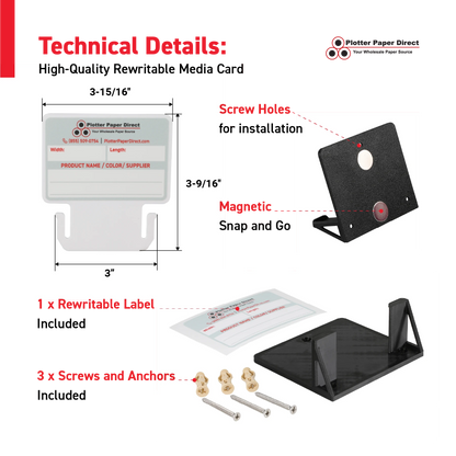 White MediaCards Kit for Vinyl Roll Storage – 10 Writable Double-Sided Cards for 3" Core Rolls with Black Magnetic Organizer – Label & Track Media Easily