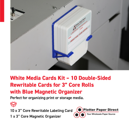 White MediaCards Kit for Vinyl Roll Storage – 10 Writable Double-Sided Cards for 3" Core Rolls with Blue Magnetic Organizer – Label & Track Media Easily
