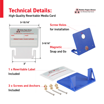 White MediaCards Kit for Vinyl Roll Storage – 10 Writable Double-Sided Cards for 3" Core Rolls with Blue Magnetic Organizer – Label & Track Media Easily
