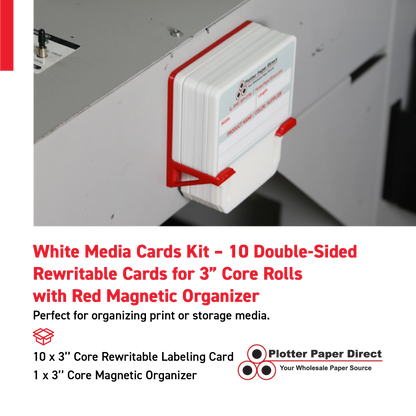 White MediaCards Kit for Vinyl Roll Storage – 10 Writable Double-Sided Cards for 3" Core Rolls with Red Magnetic Organizer – Label & Track Media Easily