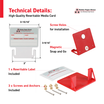 White MediaCards Kit for Vinyl Roll Storage – 10 Writable Double-Sided Cards for 3" Core Rolls with Red Magnetic Organizer – Label & Track Media Easily