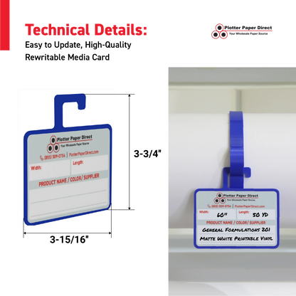 Blue MediaCards Hook for Vinyl Roll Storage – Writable Labeling Cards for Vinyl Roll Clips – Double-Sided Design with Fields for Size, Color, Supplier & More