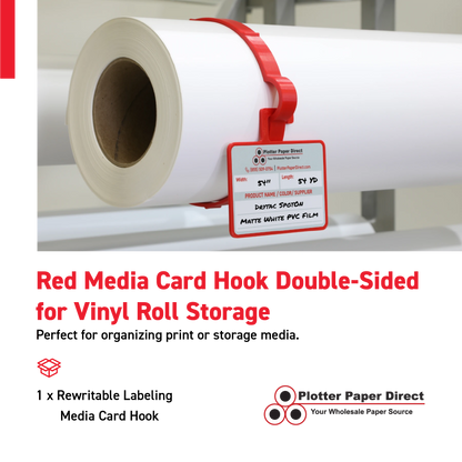 Red MediaCards Hook for Vinyl Roll Storage – Writable Labeling Cards for Vinyl Roll Clips – Double-Sided Design with Fields for Size, Color, Supplier & More
