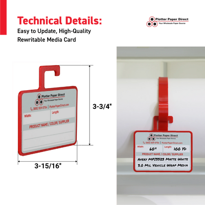 Red MediaCards Hook for Vinyl Roll Storage – Writable Labeling Cards for Vinyl Roll Clips – Double-Sided Design with Fields for Size, Color, Supplier & More