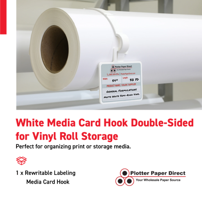 White MediaCards Hook for Vinyl Roll Storage – Writable Labeling Cards for Vinyl Roll Clips – Double-Sided Design with Fields for Size, Color, Supplier & More