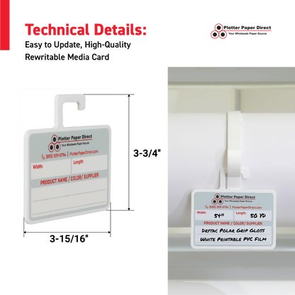 White MediaCards Hook for Vinyl Roll Storage – Writable Labeling Cards for Vinyl Roll Clips – Double-Sided Design with Fields for Size, Color, Supplier & More