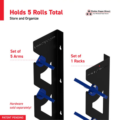 Black Aluminum Wall Mounted Vinyl Roll Storage Rack with Blue V-Bracket ABS Plastic Swivel Arm – Holds 5 Vinyl Rolls, Space-Saving Organizer for Studios & Print Shops