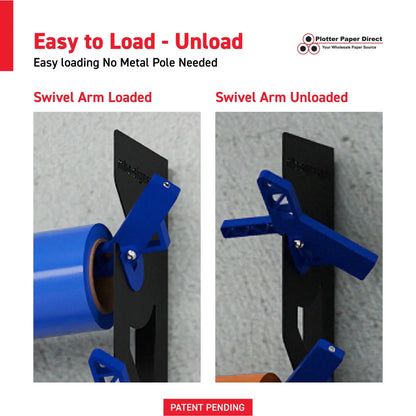 Black Aluminum Wall Mounted Vinyl Roll Storage Rack with Blue V-Bracket ABS Plastic Swivel Arm – Holds 5 Vinyl Rolls, Space-Saving Organizer for Studios & Print Shops