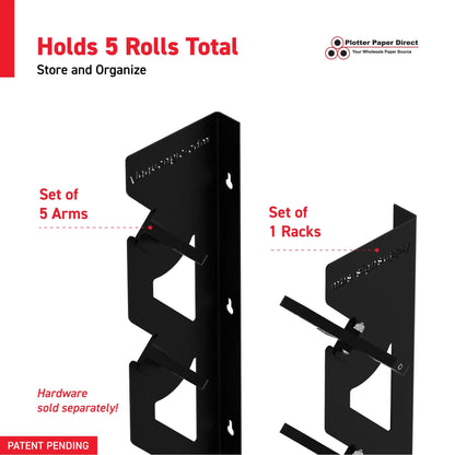 Black Aluminum Wall Mounted Vinyl Roll Storage Rack with Black V-Bracket ABS Plastic Swivel Arm – Holds 5 Vinyl Rolls, Space-Saving Organizer for Studios & Print Shops