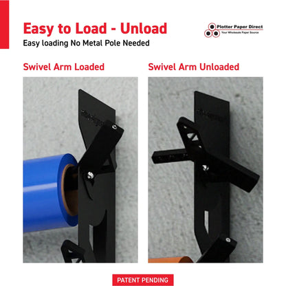 Black Aluminum Wall Mounted Vinyl Roll Storage Rack with Black V-Bracket ABS Plastic Swivel Arm – Holds 5 Vinyl Rolls, Space-Saving Organizer for Studios & Print Shops