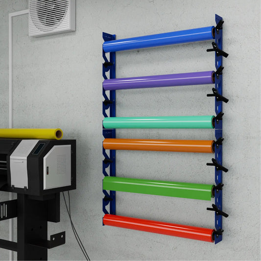 2-Pack Wall Mounted Vinyl Roll Storage Racks – Blue Aluminum with Black ABS Swivel Arms, Holds 10 Rolls Total, Space-Saving Organizer for Print Shops, Studios & Craft Rooms
