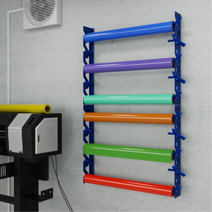 2-Pack Wall Mounted Vinyl Roll Storage Racks – Blue Aluminum with Blue ABS Swivel Arms, Holds 10 Rolls Total, Space-Saving Organizer for Print Shops, Studios & Craft Rooms