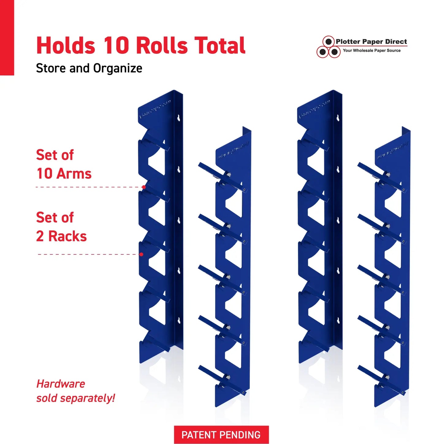 2-Pack Wall Mounted Vinyl Roll Storage Racks – Blue Aluminum with Blue ABS Swivel Arms, Holds 10 Rolls Total, Space-Saving Organizer for Print Shops, Studios & Craft Rooms