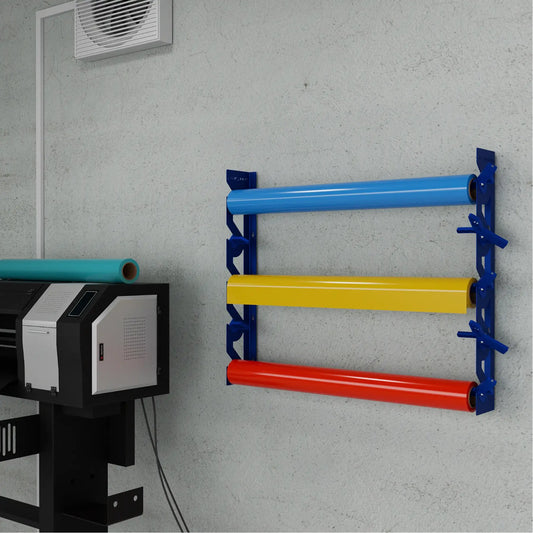 Blue Aluminum Wall Mounted Vinyl Roll Storage Rack with Blue V-Bracket ABS Plastic Swivel Arm – Holds 5 Vinyl Rolls, Space-Saving Organizer for Studios & Print Shops