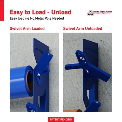 Blue Aluminum Wall Mounted Vinyl Roll Storage Rack with Blue V-Bracket ABS Plastic Swivel Arm – Holds 5 Vinyl Rolls, Space-Saving Organizer for Studios & Print Shops