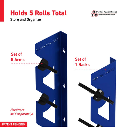 Blue Aluminum Wall Mounted Vinyl Roll Storage Rack with Black V-Bracket ABS Plastic Swivel Arm – Holds 5 Vinyl Rolls, Space-Saving Organizer for Studios & Print Shops