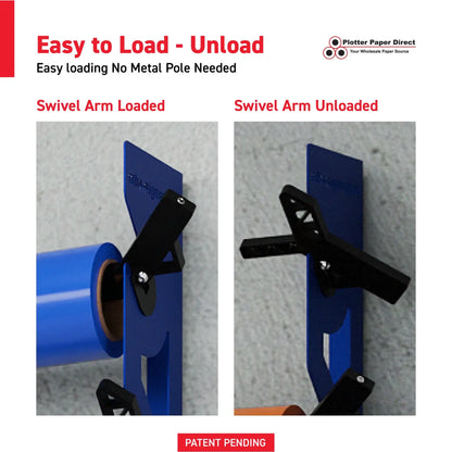 Blue Aluminum Wall Mounted Vinyl Roll Storage Rack with Black V-Bracket ABS Plastic Swivel Arm – Holds 5 Vinyl Rolls, Space-Saving Organizer for Studios & Print Shops