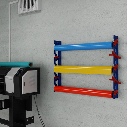Blue Aluminum Wall Mounted Vinyl Roll Storage Rack with Red V-Bracket ABS Plastic Swivel Arm – Holds 5 Vinyl Rolls, Space-Saving Organizer for Studios & Print Shops