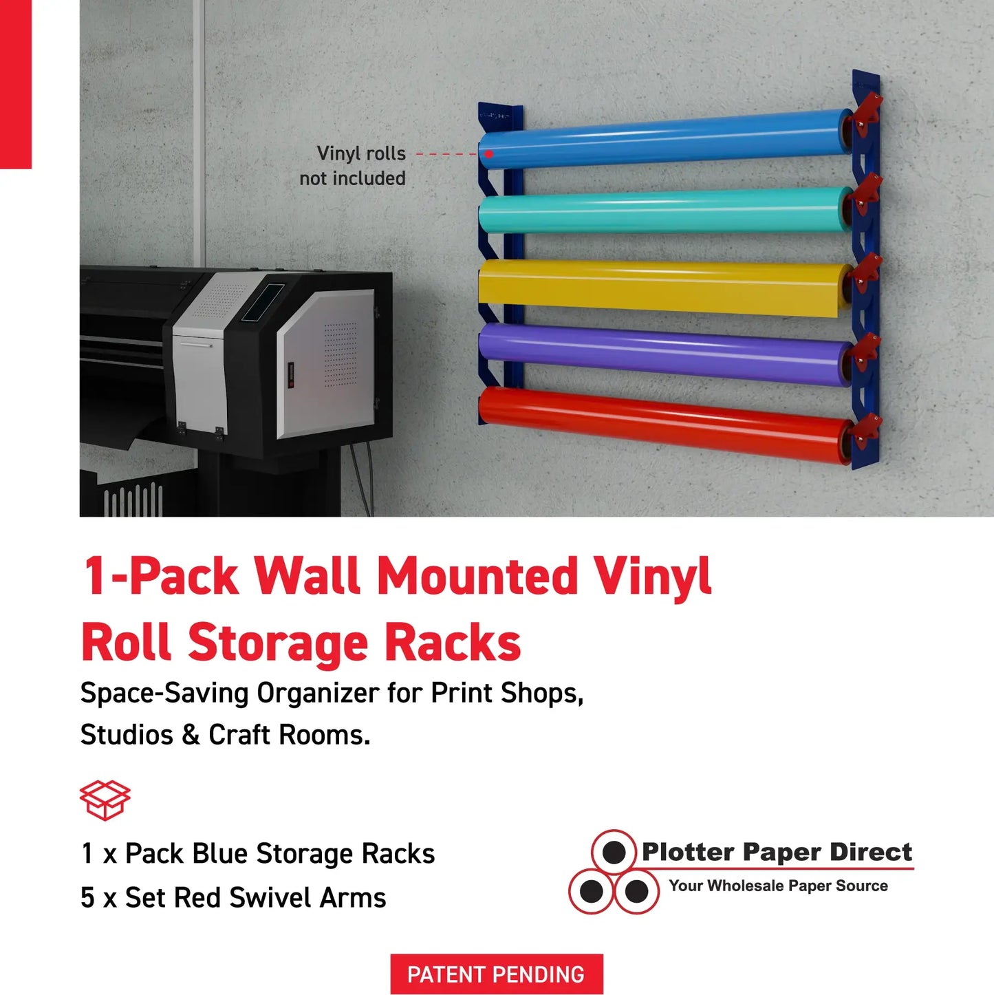 Blue Aluminum Wall Mounted Vinyl Roll Storage Rack with Red V-Bracket ABS Plastic Swivel Arm – Holds 5 Vinyl Rolls, Space-Saving Organizer for Studios & Print Shops