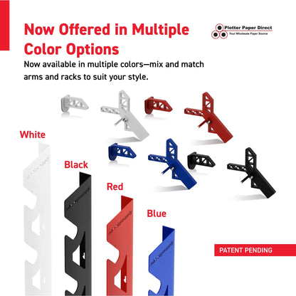 Blue Aluminum Wall Mounted Vinyl Roll Storage Rack with Red V-Bracket ABS Plastic Swivel Arm – Holds 5 Vinyl Rolls, Space-Saving Organizer for Studios & Print Shops