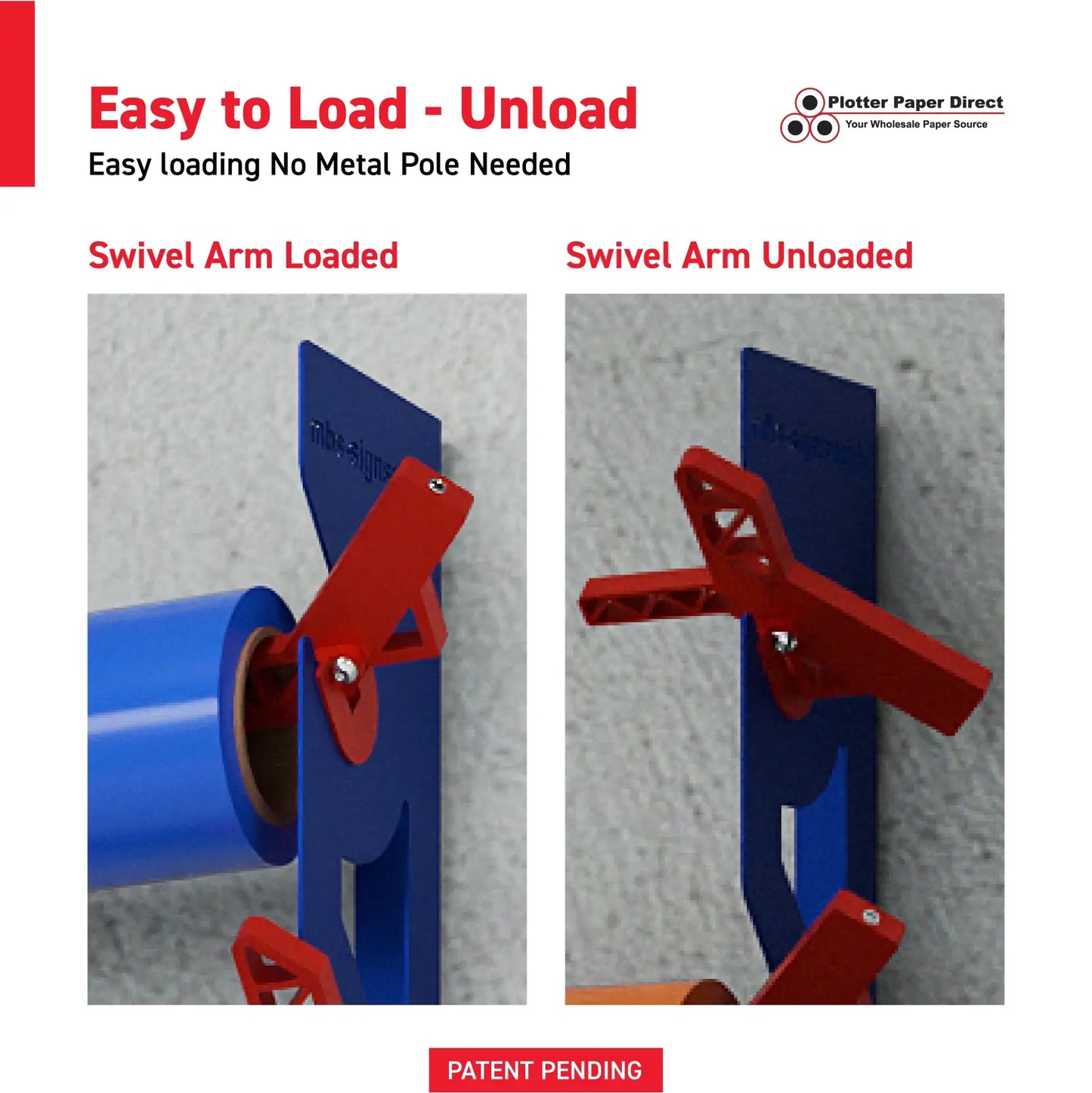 Blue Aluminum Wall Mounted Vinyl Roll Storage Rack with Red V-Bracket ABS Plastic Swivel Arm – Holds 5 Vinyl Rolls, Space-Saving Organizer for Studios & Print Shops
