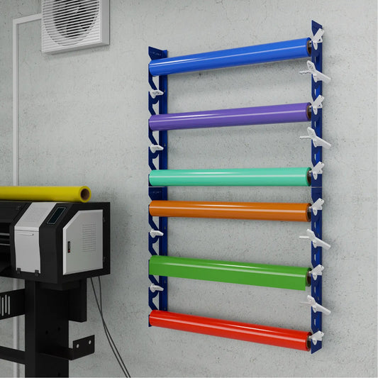 2-Pack Wall Mounted Vinyl Roll Storage Racks – Blue Aluminum with White ABS Swivel Arms, Holds 10 Rolls Total, Space-Saving Organizer for Print Shops, Studios & Craft Rooms