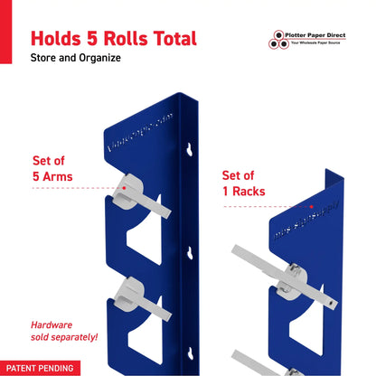 Blue Aluminum Wall Mounted Vinyl Roll Storage Rack with White V-Bracket ABS Plastic Swivel Arm – Holds 5 Vinyl Rolls, Space-Saving Organizer for Studios & Print Shops