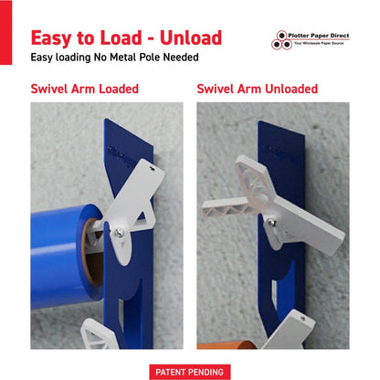 Blue Aluminum Wall Mounted Vinyl Roll Storage Rack with White V-Bracket ABS Plastic Swivel Arm – Holds 5 Vinyl Rolls, Space-Saving Organizer for Studios & Print Shops