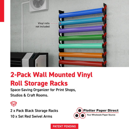 2-Pack Wall Mounted Vinyl Roll Storage Racks – Black Aluminum with Red ABS Swivel Arms, Holds 10 Rolls Total, Space-Saving Organizer for Print Shops, Studios & Craft Rooms