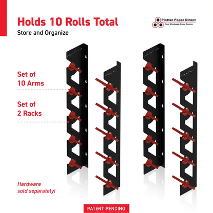 2-Pack Wall Mounted Vinyl Roll Storage Racks – Black Aluminum with Red ABS Swivel Arms, Holds 10 Rolls Total, Space-Saving Organizer for Print Shops, Studios & Craft Rooms