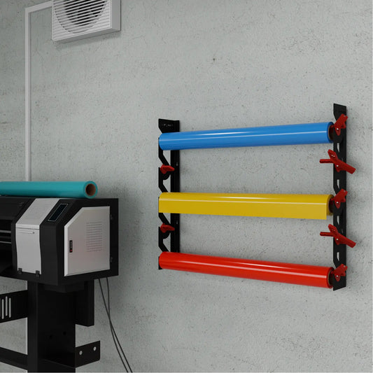 Black Aluminum Wall Mounted Vinyl Roll Storage Rack with Red V-Bracket ABS Plastic Swivel Arm – Holds 5 Vinyl Rolls, Space-Saving Organizer for Studios & Print Shops