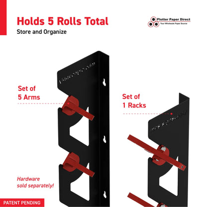 Black Aluminum Wall Mounted Vinyl Roll Storage Rack with Red V-Bracket ABS Plastic Swivel Arm – Holds 5 Vinyl Rolls, Space-Saving Organizer for Studios & Print Shops