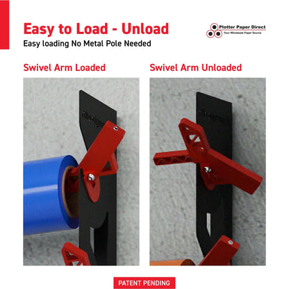 Black Aluminum Wall Mounted Vinyl Roll Storage Rack with Red V-Bracket ABS Plastic Swivel Arm – Holds 5 Vinyl Rolls, Space-Saving Organizer for Studios & Print Shops