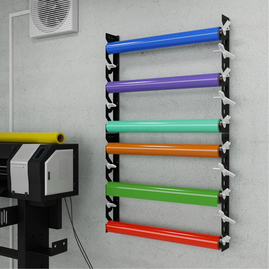 2-Pack Wall Mounted Vinyl Roll Storage Racks – Black Aluminum with White ABS Swivel Arms, Holds 10 Rolls Total, Space-Saving Organizer for Print Shops, Studios & Craft Rooms