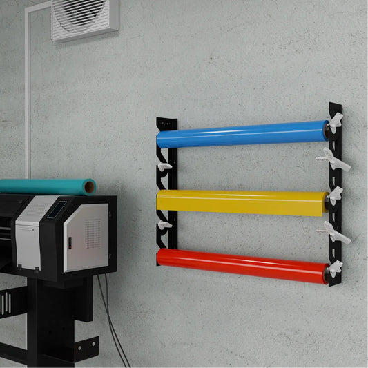 Black Aluminum Wall Mounted Vinyl Roll Storage Rack with White V-Bracket ABS Plastic Swivel Arm – Holds 5 Vinyl Rolls, Space-Saving Organizer for Studios & Print Shops