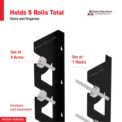 Black Aluminum Wall Mounted Vinyl Roll Storage Rack with White V-Bracket ABS Plastic Swivel Arm – Holds 5 Vinyl Rolls, Space-Saving Organizer for Studios & Print Shops