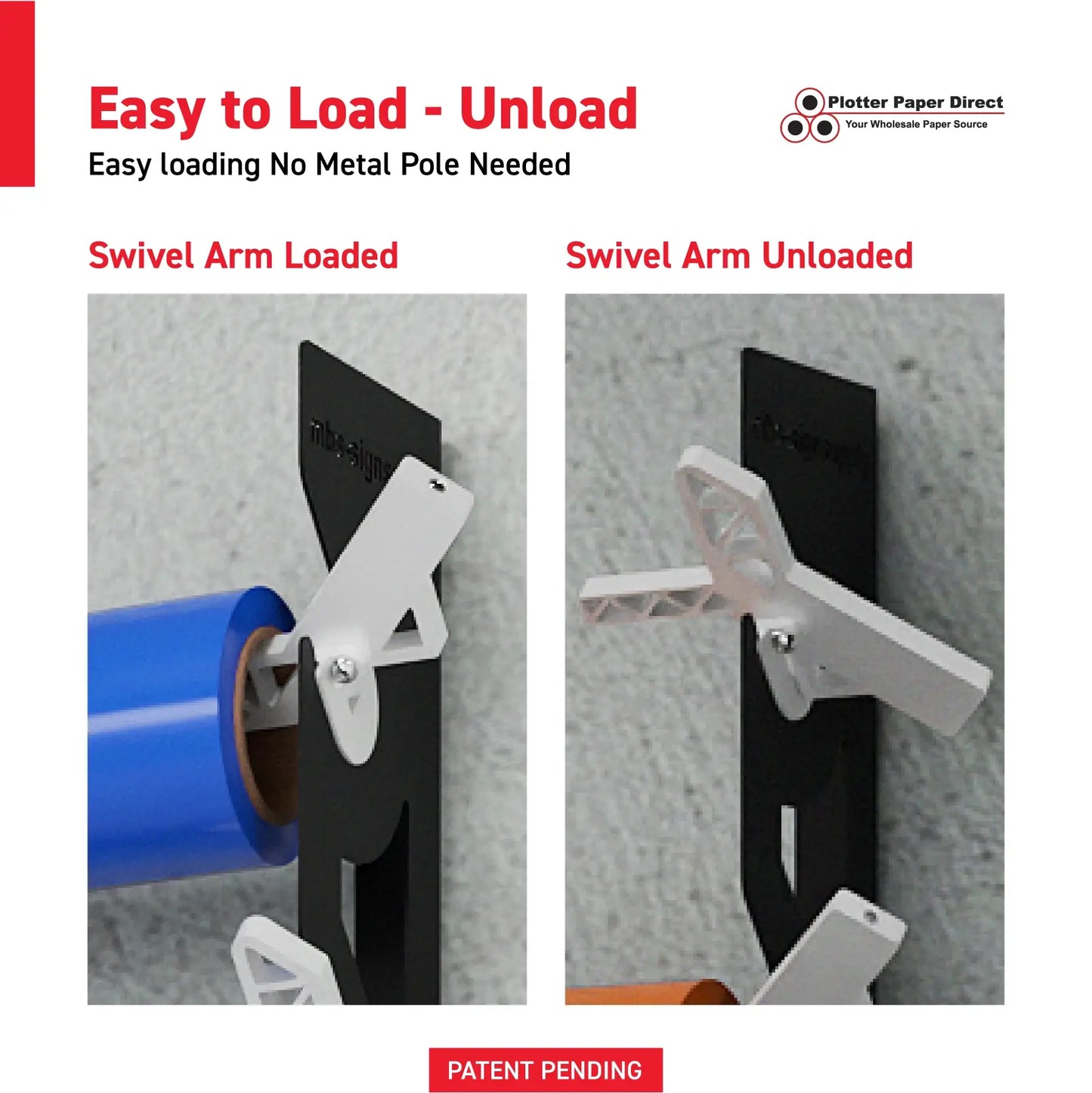 Black Aluminum Wall Mounted Vinyl Roll Storage Rack with White V-Bracket ABS Plastic Swivel Arm – Holds 5 Vinyl Rolls, Space-Saving Organizer for Studios & Print Shops
