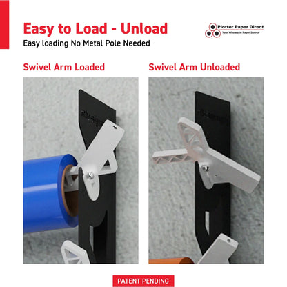Black Aluminum Wall Mounted Vinyl Roll Storage Rack with White V-Bracket ABS Plastic Swivel Arm – Holds 5 Vinyl Rolls, Space-Saving Organizer for Studios & Print Shops