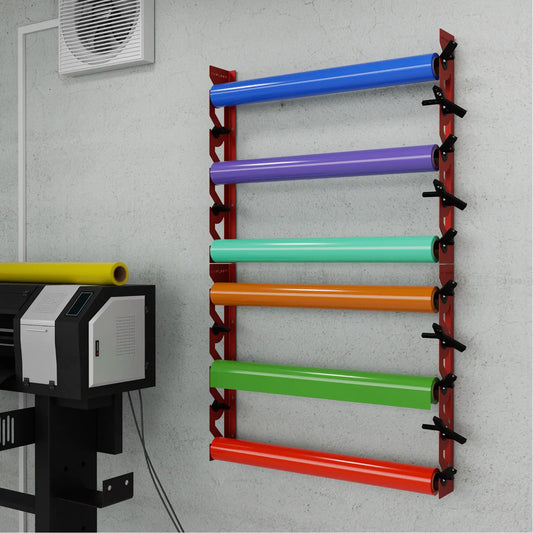 2-Pack Wall Mounted Vinyl Roll Storage Racks – Red Aluminum with Black ABS Swivel Arms, Holds 10 Rolls Total, Space-Saving Organizer for Print Shops, Studios & Craft Rooms