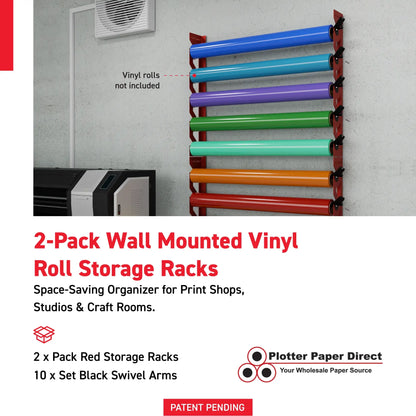 2-Pack Wall Mounted Vinyl Roll Storage Racks – Red Aluminum with Black ABS Swivel Arms, Holds 10 Rolls Total, Space-Saving Organizer for Print Shops, Studios & Craft Rooms
