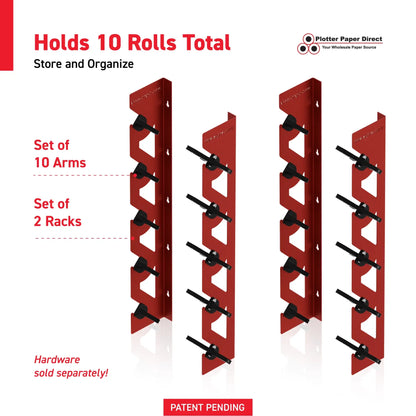 2-Pack Wall Mounted Vinyl Roll Storage Racks – Red Aluminum with Black ABS Swivel Arms, Holds 10 Rolls Total, Space-Saving Organizer for Print Shops, Studios & Craft Rooms