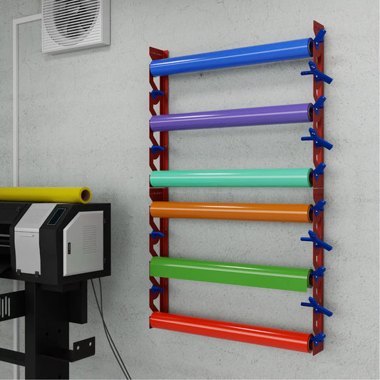 2-Pack Wall Mounted Vinyl Roll Storage Racks – Red Aluminum with Blue ABS Swivel Arms, Holds 10 Rolls Total, Space-Saving Organizer for Print Shops, Studios & Craft Rooms