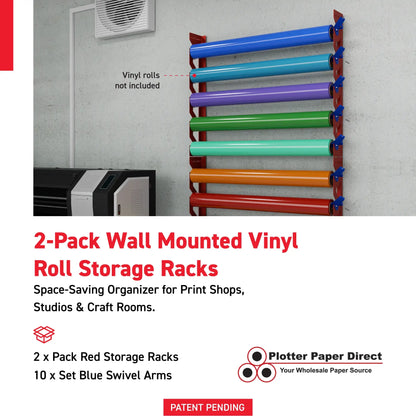 2-Pack Wall Mounted Vinyl Roll Storage Racks – Red Aluminum with Blue ABS Swivel Arms, Holds 10 Rolls Total, Space-Saving Organizer for Print Shops, Studios & Craft Rooms