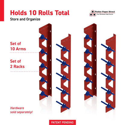 2-Pack Wall Mounted Vinyl Roll Storage Racks – Red Aluminum with Blue ABS Swivel Arms, Holds 10 Rolls Total, Space-Saving Organizer for Print Shops, Studios & Craft Rooms