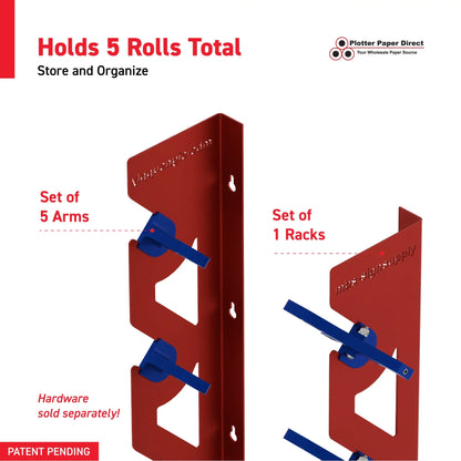 Red Aluminum Wall Mounted Vinyl Roll Storage Rack with Blue V-Bracket ABS Plastic Swivel Arm – Holds 5 Vinyl Rolls, Space-Saving Organizer for Studios & Print Shops