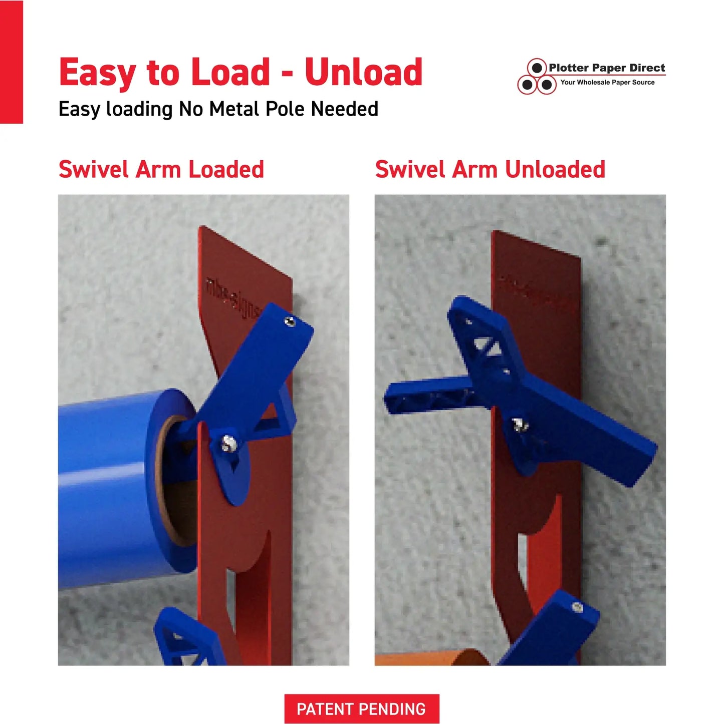 Red Aluminum Wall Mounted Vinyl Roll Storage Rack with Blue V-Bracket ABS Plastic Swivel Arm – Holds 5 Vinyl Rolls, Space-Saving Organizer for Studios & Print Shops